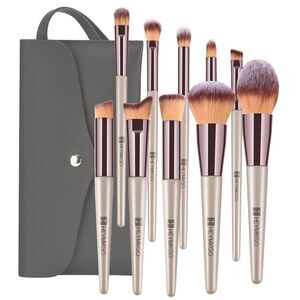 Hemkgo 10 Pieces Gold Professional Portable Makeup Brushes Set With Cosmetic Bag